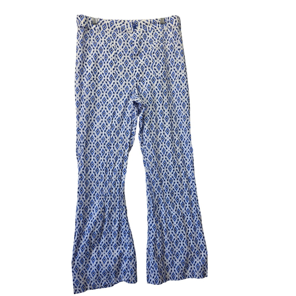 Zara Women Blue White‎ Geometric Diamond Print Wide Leg High Rise Pants Size L